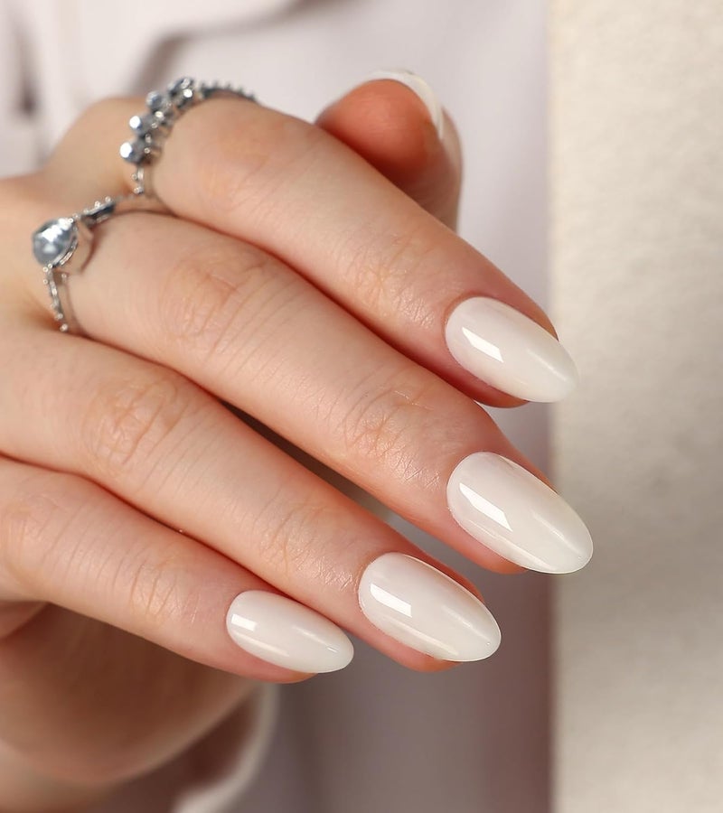 morily 30Pcs Press on Nails Almond, Milky White Fake Nails Short Glossy Acrylic False Nails Reusable Full Cover Stick on Nails for Women, 15 Sizes, Thicker Fingertips - Image 1